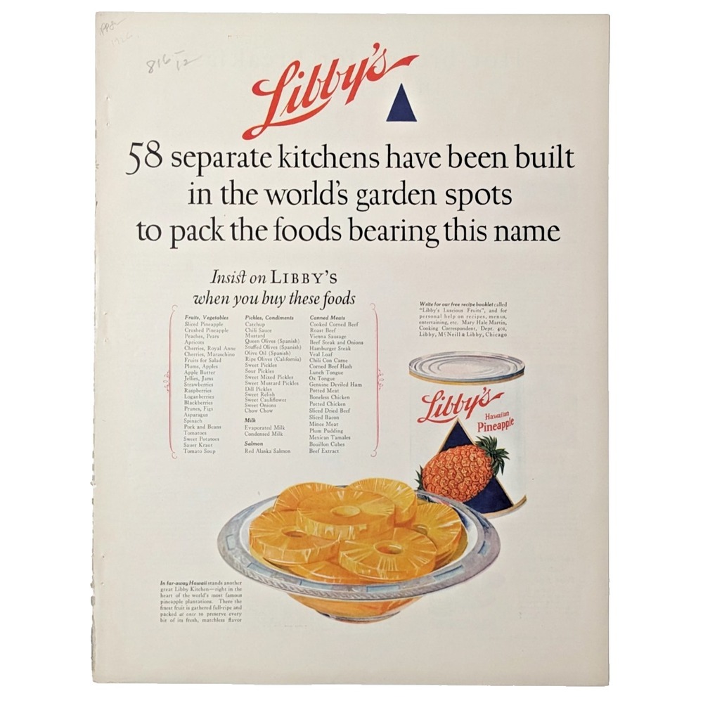Libby's Hawaiian Pineapple Antique c1920s Print Ad Kitchen Pantry Wall Decor